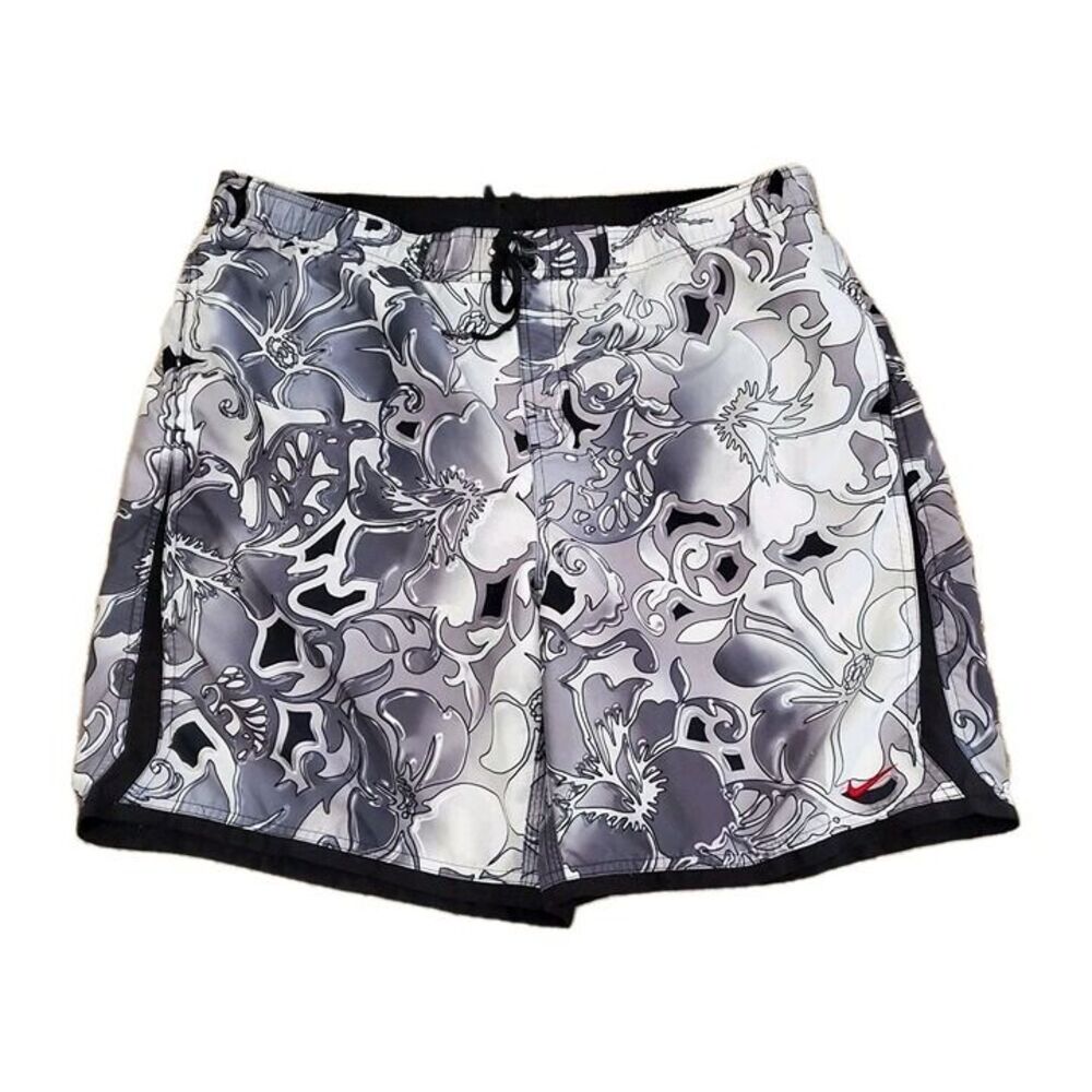 NIKE Board Shorts Men's XL Floral Mesh Lined Swim Trunks Black Gray & White